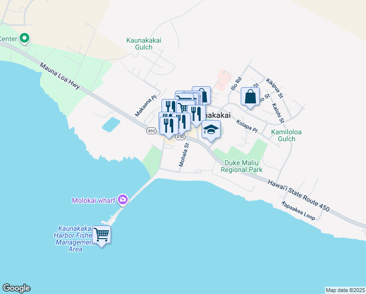 map of restaurants, bars, coffee shops, grocery stores, and more near 26 Mohala Street in Kaunakakai