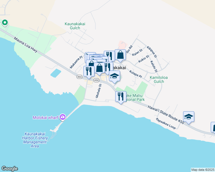 map of restaurants, bars, coffee shops, grocery stores, and more near 118 Kamehameha V Highway in Kaunakakai
