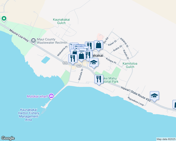 map of restaurants, bars, coffee shops, grocery stores, and more near 118 Kamehameha V Highway in Kaunakakai
