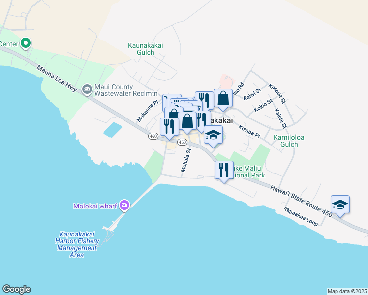 map of restaurants, bars, coffee shops, grocery stores, and more near 60 Kamehameha V Highway in Kaunakakai