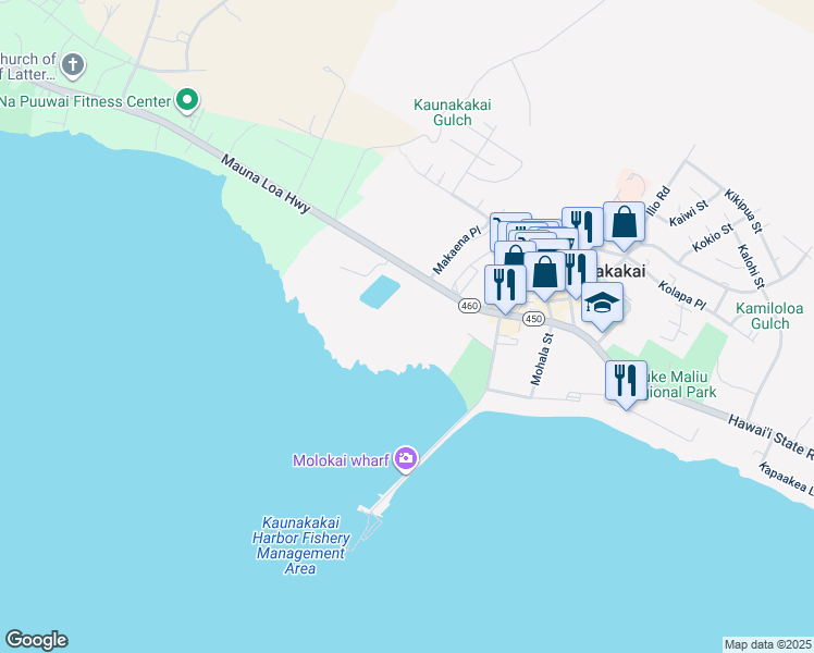 map of restaurants, bars, coffee shops, grocery stores, and more near 0 Mauna Loa Highway in Kaunakakai