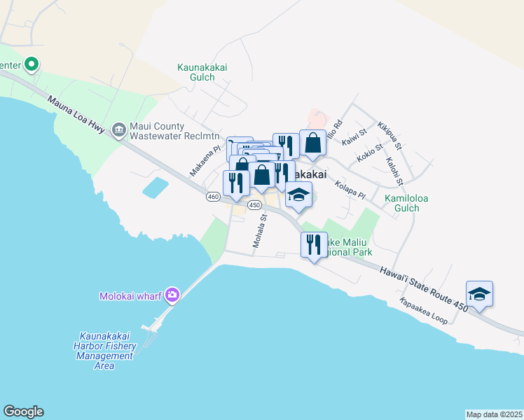 map of restaurants, bars, coffee shops, grocery stores, and more near 60 Kamehameha V Highway in Kaunakakai