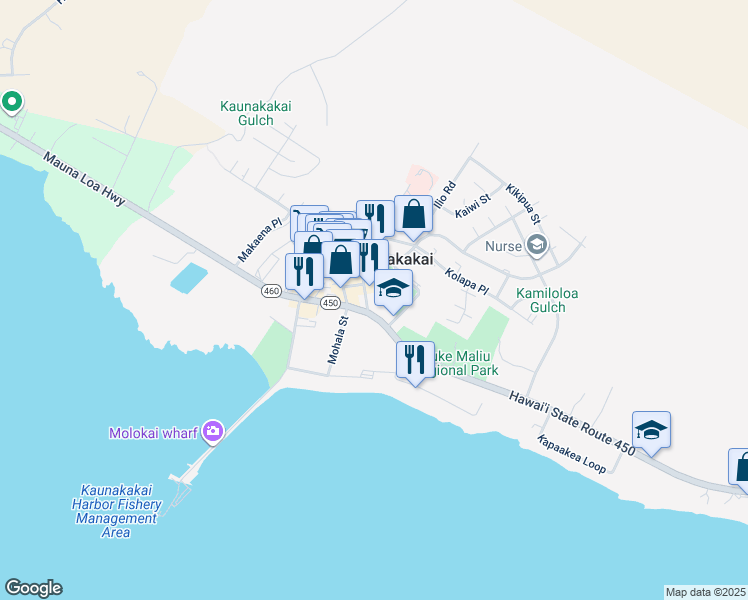 map of restaurants, bars, coffee shops, grocery stores, and more near 10 Kamoi Street in Kaunakakai