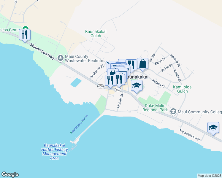 map of restaurants, bars, coffee shops, grocery stores, and more near 0 Kamehameha V Highway in Kaunakakai