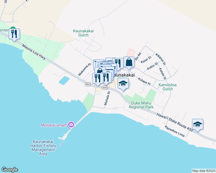 map of restaurants, bars, coffee shops, grocery stores, and more near 25 Kamehameha V Highway in Kaunakakai