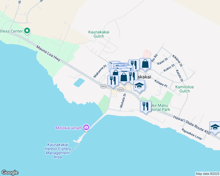 map of restaurants, bars, coffee shops, grocery stores, and more near 0 Mauna Loa Highway in Kaunakakai