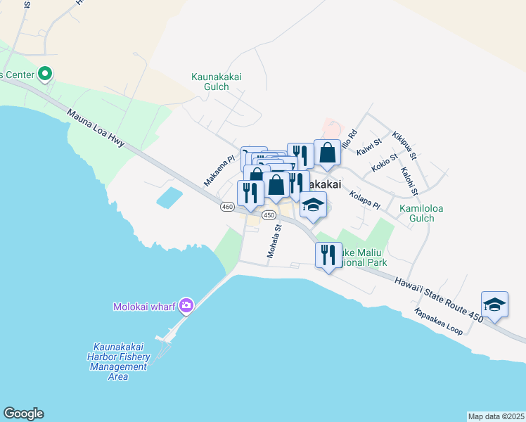 map of restaurants, bars, coffee shops, grocery stores, and more near 25 Kamehameha V Highway in Kaunakakai
