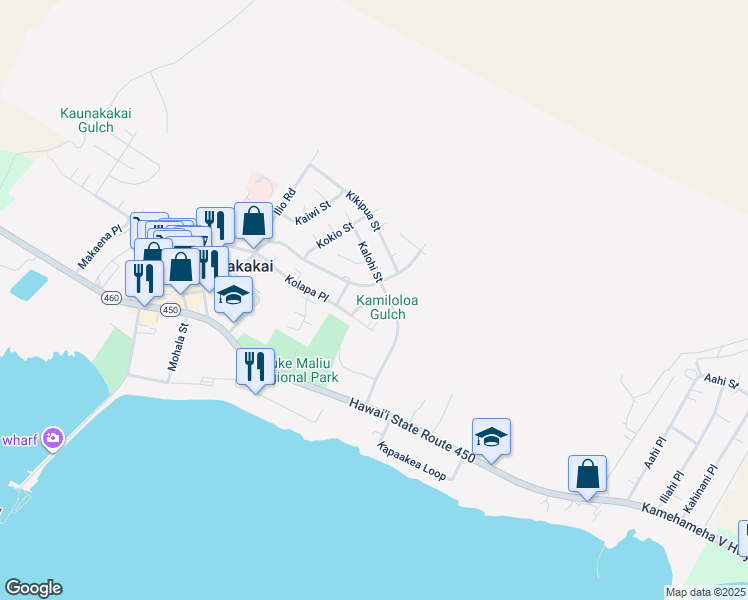 map of restaurants, bars, coffee shops, grocery stores, and more near 225 Kakalahale Street in Kaunakakai