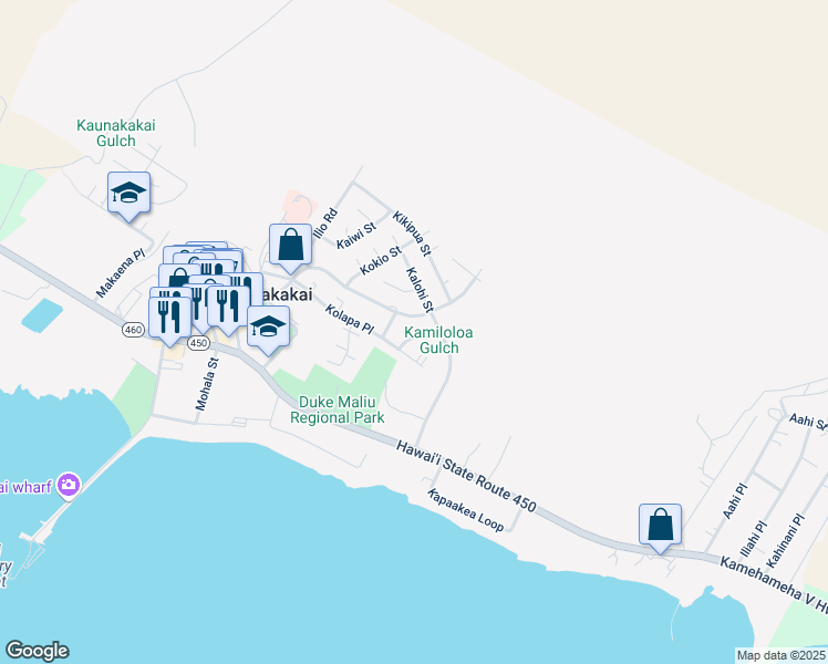map of restaurants, bars, coffee shops, grocery stores, and more near 380 Ala Malama Avenue in Kaunakakai