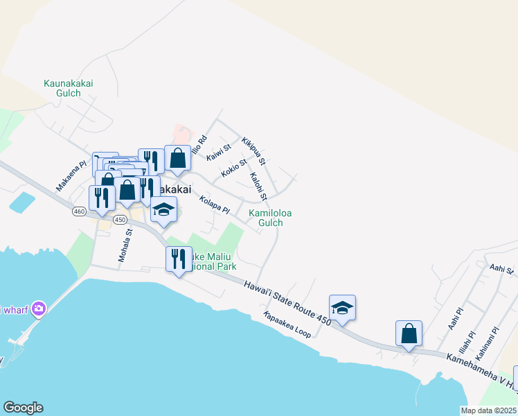 map of restaurants, bars, coffee shops, grocery stores, and more near 380 Ala Malama Avenue in Kaunakakai