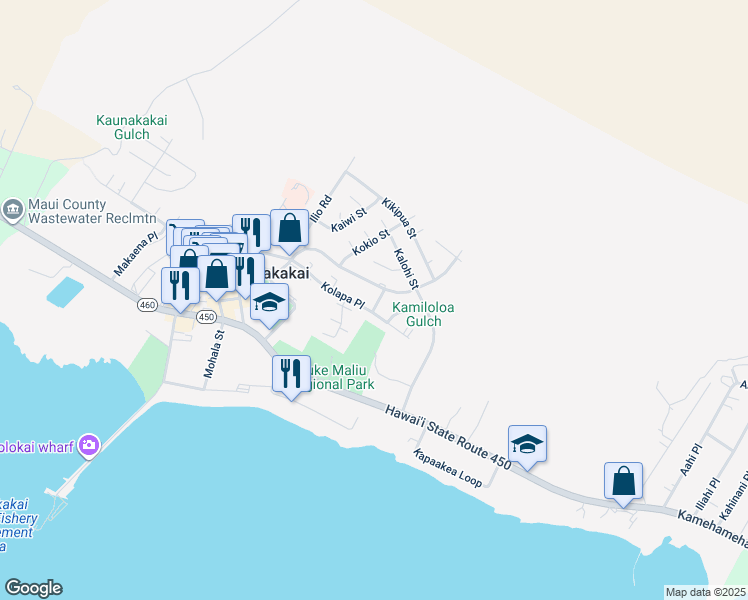 map of restaurants, bars, coffee shops, grocery stores, and more near 195 Malamalama Place in Kaunakakai