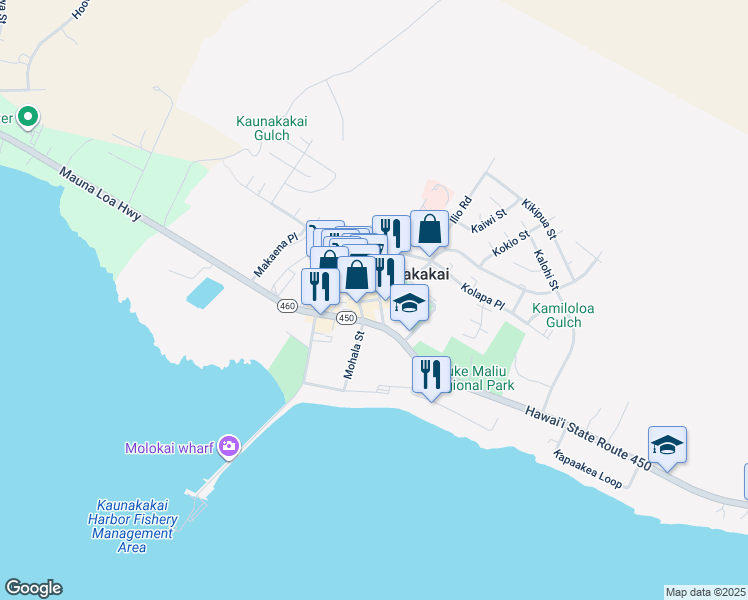 map of restaurants, bars, coffee shops, grocery stores, and more near 10 Alohi Street in Kaunakakai