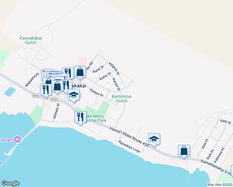 map of restaurants, bars, coffee shops, grocery stores, and more near 380 Ala Malama Avenue in Kaunakakai