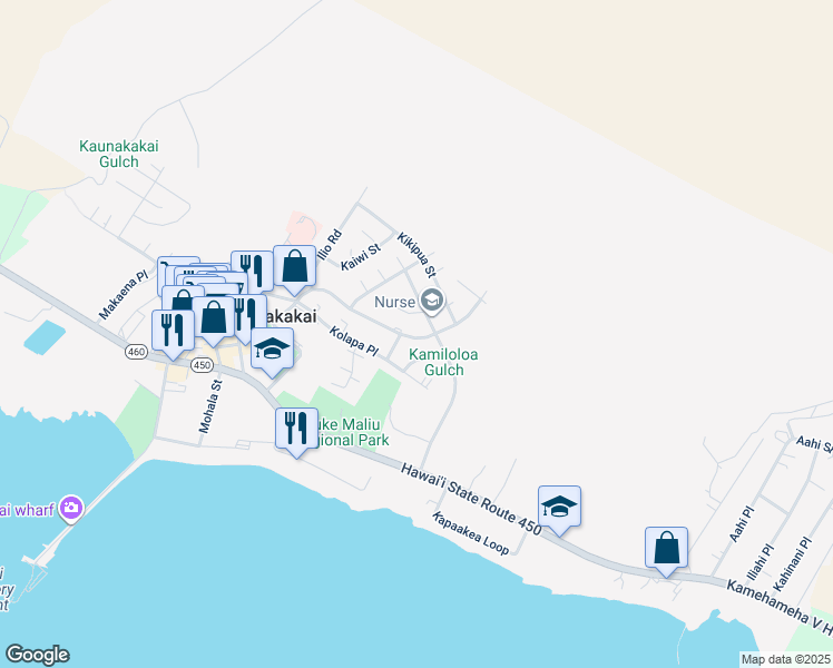 map of restaurants, bars, coffee shops, grocery stores, and more near 375 Ala Malama Avenue in Kaunakakai