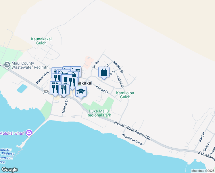map of restaurants, bars, coffee shops, grocery stores, and more near 195 Malamalama Place in Kaunakakai