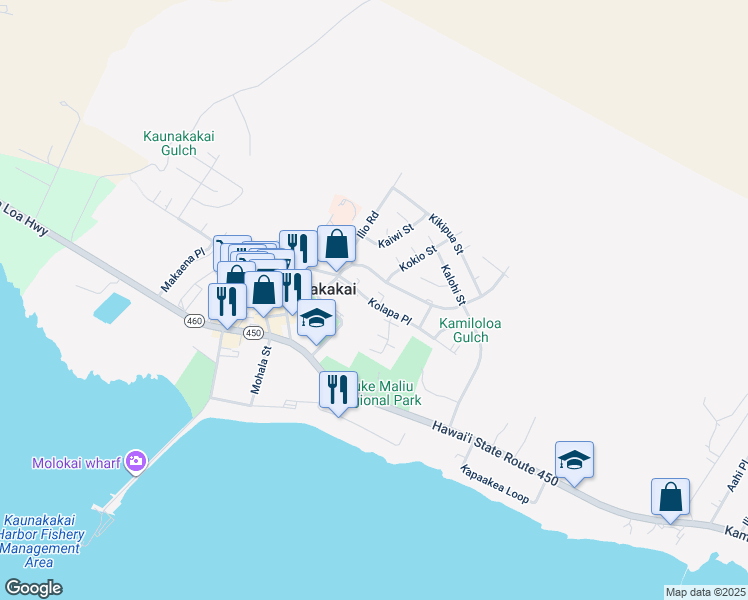 map of restaurants, bars, coffee shops, grocery stores, and more near 245 Kolapa Place in Kaunakakai