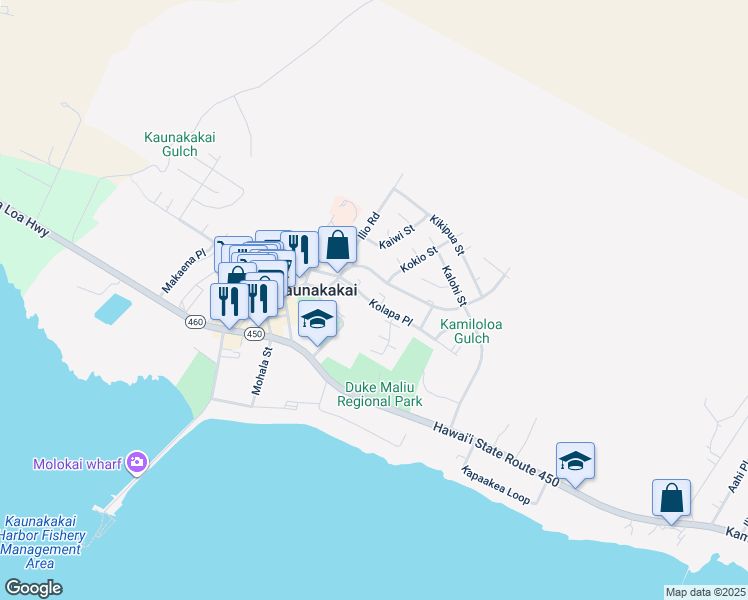 map of restaurants, bars, coffee shops, grocery stores, and more near 245 Kolapa Place in Kaunakakai