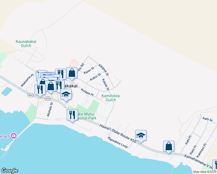 map of restaurants, bars, coffee shops, grocery stores, and more near 363 Kalohi Street in Kaunakakai