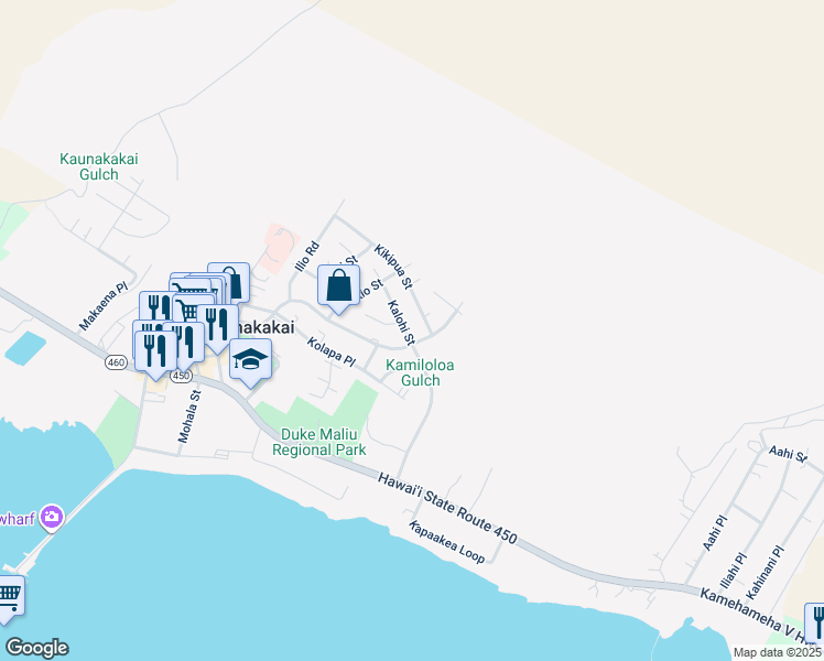 map of restaurants, bars, coffee shops, grocery stores, and more near 363 Kalohi Street in Kaunakakai