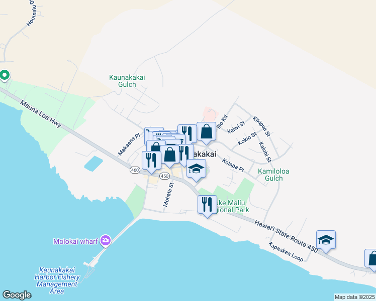 map of restaurants, bars, coffee shops, grocery stores, and more near 145 Puali Place in Kaunakakai