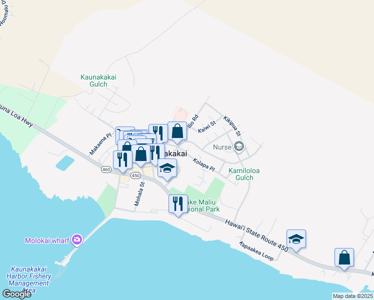 map of restaurants, bars, coffee shops, grocery stores, and more near 215 Kolapa Place in Kaunakakai