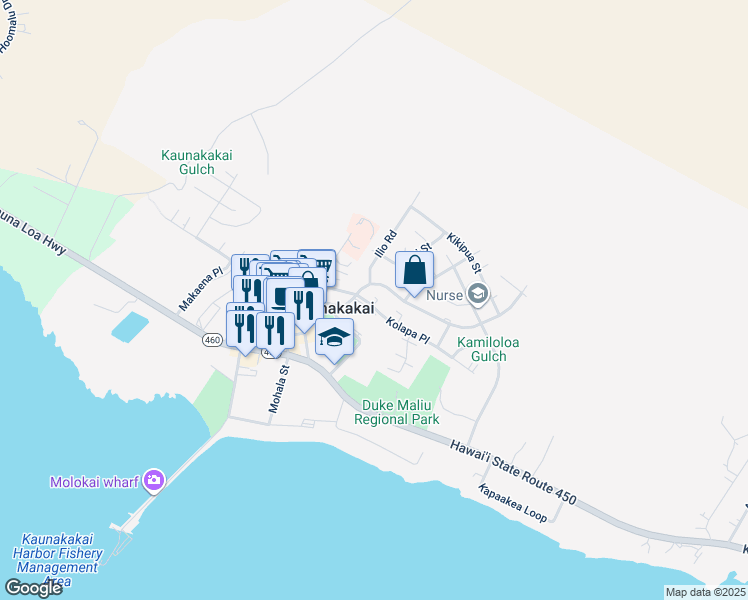 map of restaurants, bars, coffee shops, grocery stores, and more near 215 Kolapa Place in Kaunakakai