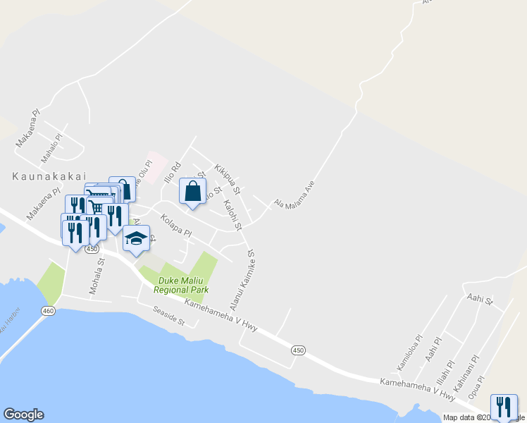 map of restaurants, bars, coffee shops, grocery stores, and more near 428 North Palapalae Place in Kaunakakai