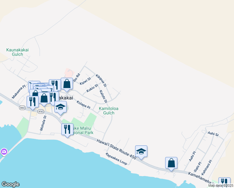 map of restaurants, bars, coffee shops, grocery stores, and more near 428 North Palapalae Place in Kaunakakai
