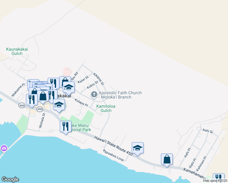 map of restaurants, bars, coffee shops, grocery stores, and more near 428 North Palapalae Place in Kaunakakai