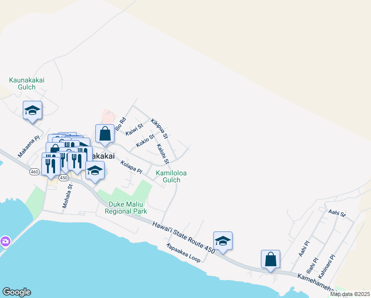 map of restaurants, bars, coffee shops, grocery stores, and more near 428 North Palapalae Place in Kaunakakai