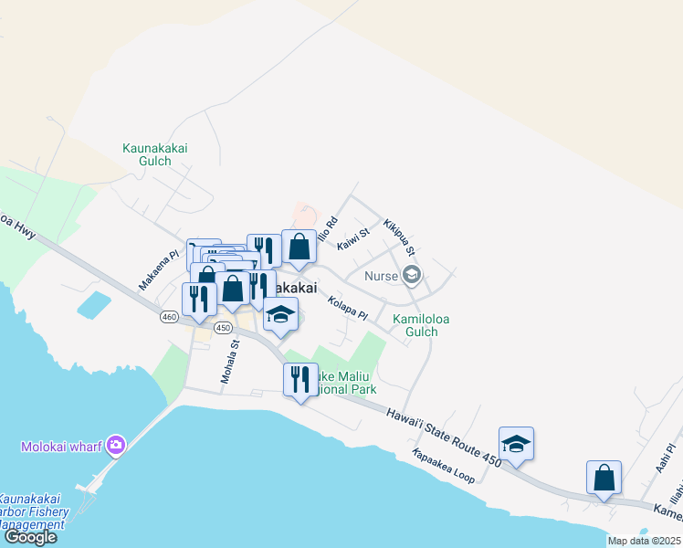 map of restaurants, bars, coffee shops, grocery stores, and more near 275 Ala Malama Avenue in Kaunakakai