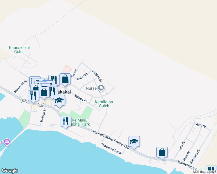 map of restaurants, bars, coffee shops, grocery stores, and more near 410 North Palapalae Place in Kaunakakai