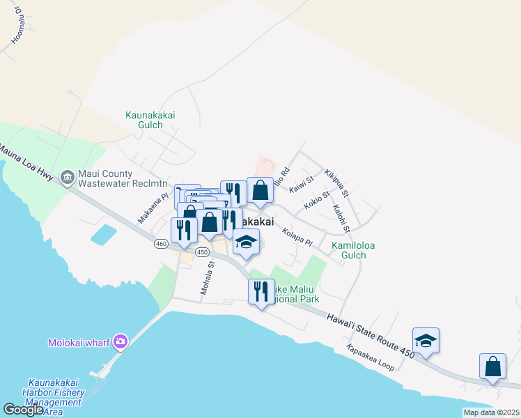 map of restaurants, bars, coffee shops, grocery stores, and more near 205 Ala Malama Avenue in Kaunakakai