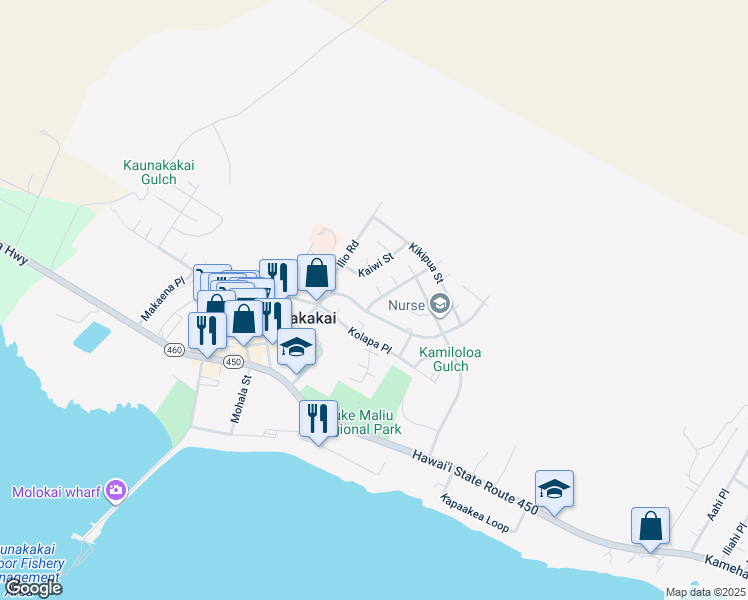map of restaurants, bars, coffee shops, grocery stores, and more near 290 Kiawe Place in Kaunakakai