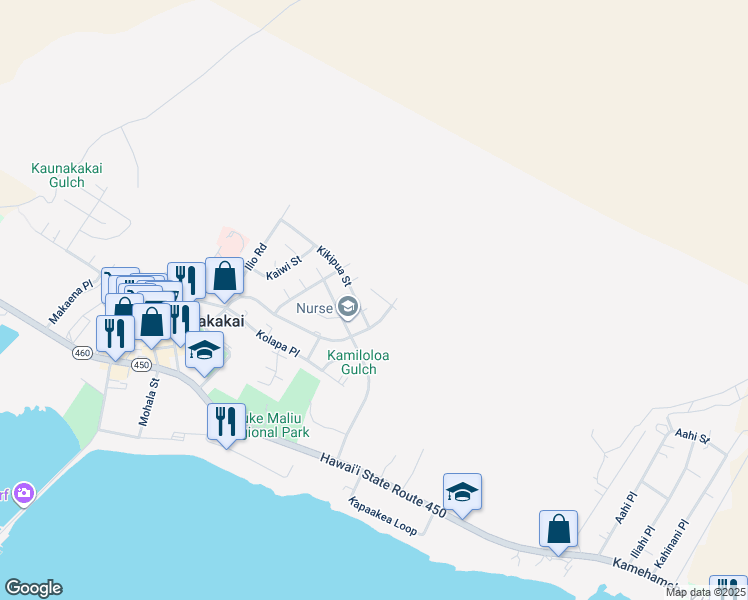 map of restaurants, bars, coffee shops, grocery stores, and more near 410 North Palapalae Place in Kaunakakai