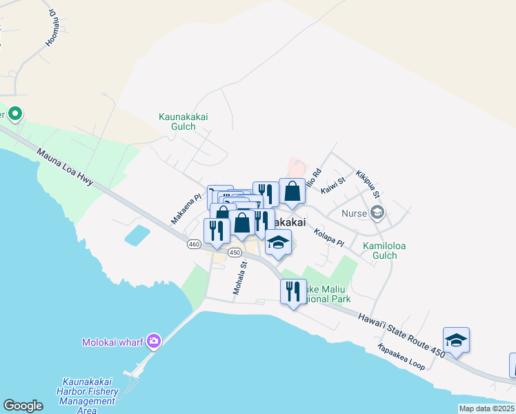 map of restaurants, bars, coffee shops, grocery stores, and more near 19 Ing Place in Kaunakakai