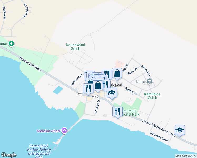map of restaurants, bars, coffee shops, grocery stores, and more near 50 Ing Place in Kaunakakai