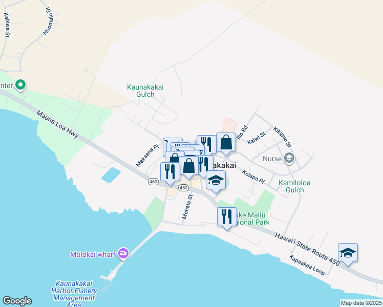 map of restaurants, bars, coffee shops, grocery stores, and more near 50 Ing Place in Kaunakakai