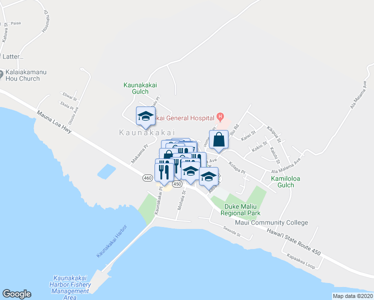 map of restaurants, bars, coffee shops, grocery stores, and more near 42 Ing Place in Kaunakakai