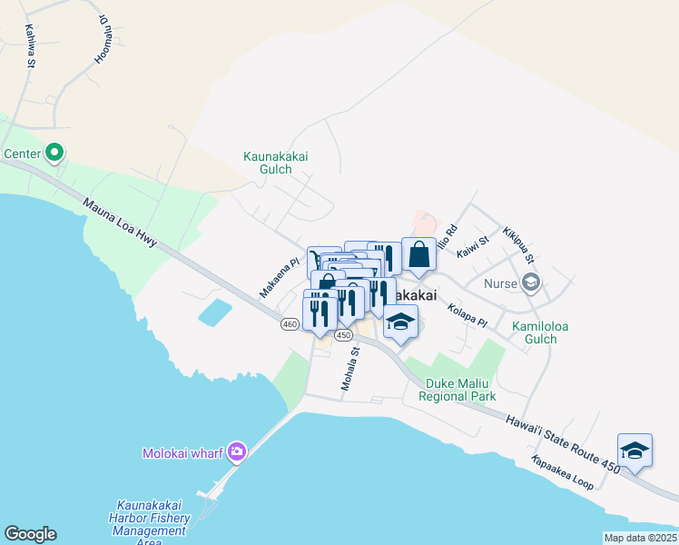 map of restaurants, bars, coffee shops, grocery stores, and more near 100 Manako Lane in Kaunakakai