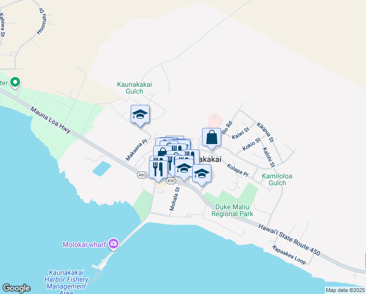 map of restaurants, bars, coffee shops, grocery stores, and more near 115 Ala Malama Avenue in Kaunakakai