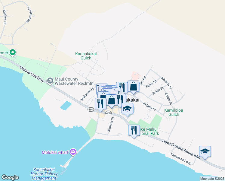 map of restaurants, bars, coffee shops, grocery stores, and more near 115 Ala Malama Avenue in Kaunakakai