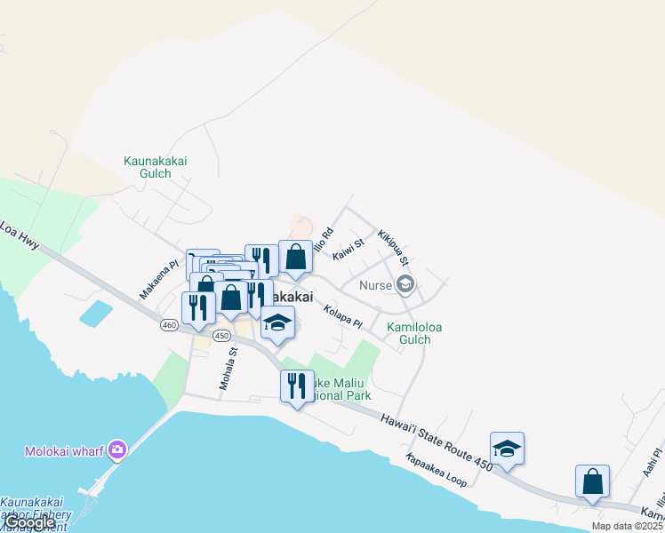 map of restaurants, bars, coffee shops, grocery stores, and more near 258 Kaiwi Street in Kaunakakai