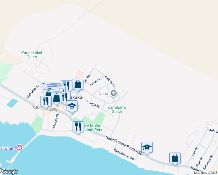 map of restaurants, bars, coffee shops, grocery stores, and more near 305 Kalohi Street in Kaunakakai