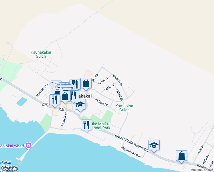 map of restaurants, bars, coffee shops, grocery stores, and more near 264 Kalohi Place in Kaunakakai