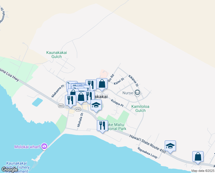 map of restaurants, bars, coffee shops, grocery stores, and more near 242 Ilio Road in Kaunakakai