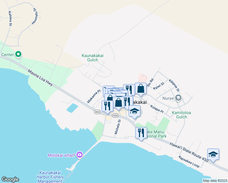 map of restaurants, bars, coffee shops, grocery stores, and more near 100 Manako Lane in Kaunakakai