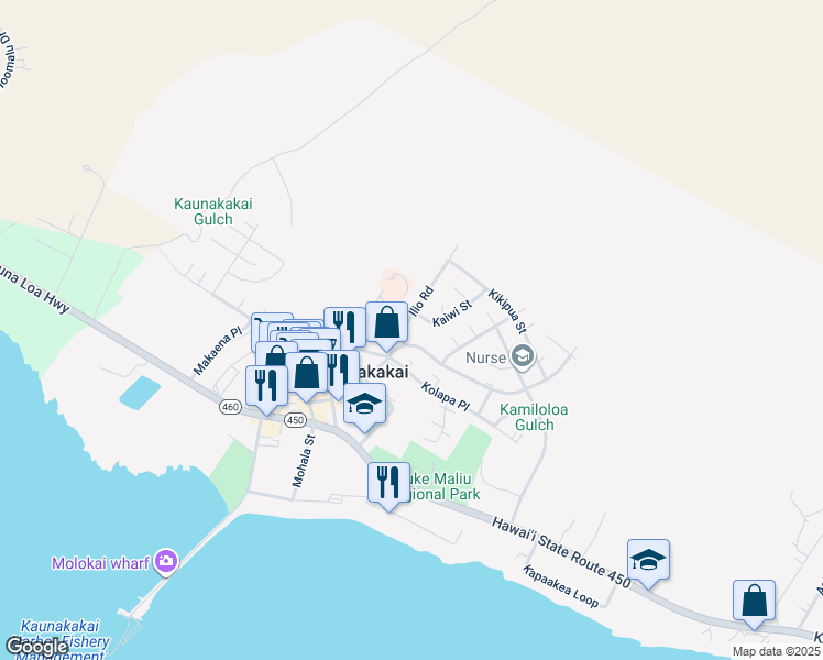 map of restaurants, bars, coffee shops, grocery stores, and more near 252 Ilio Road in Kaunakakai