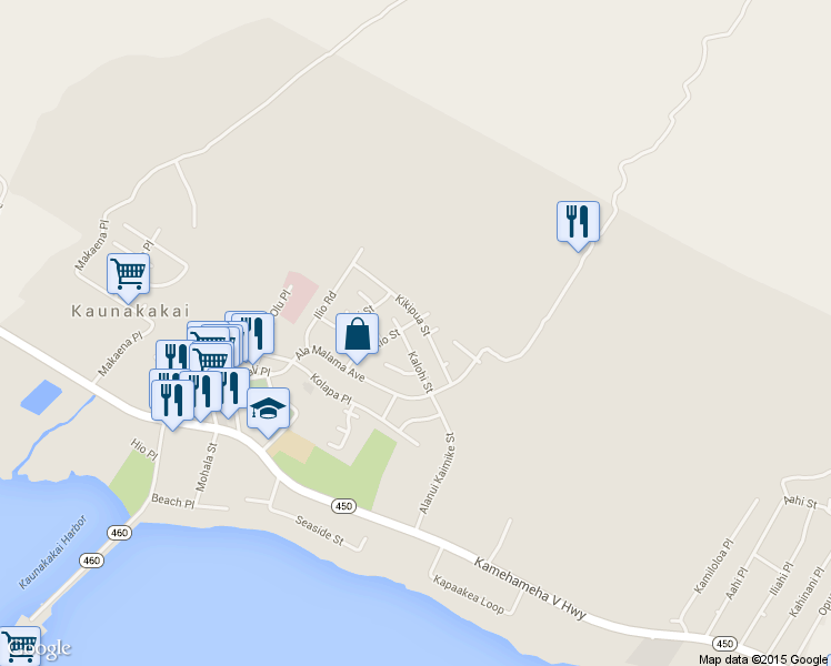 map of restaurants, bars, coffee shops, grocery stores, and more near 334 Kokio Street in Kaunakakai