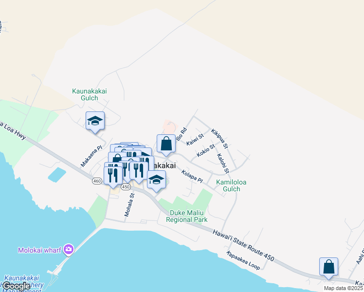 map of restaurants, bars, coffee shops, grocery stores, and more near 246 Kaiwi Street in Kaunakakai